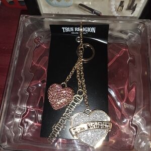 True Religion Gold-Tone Pink & Silver Heart Charm Keychain